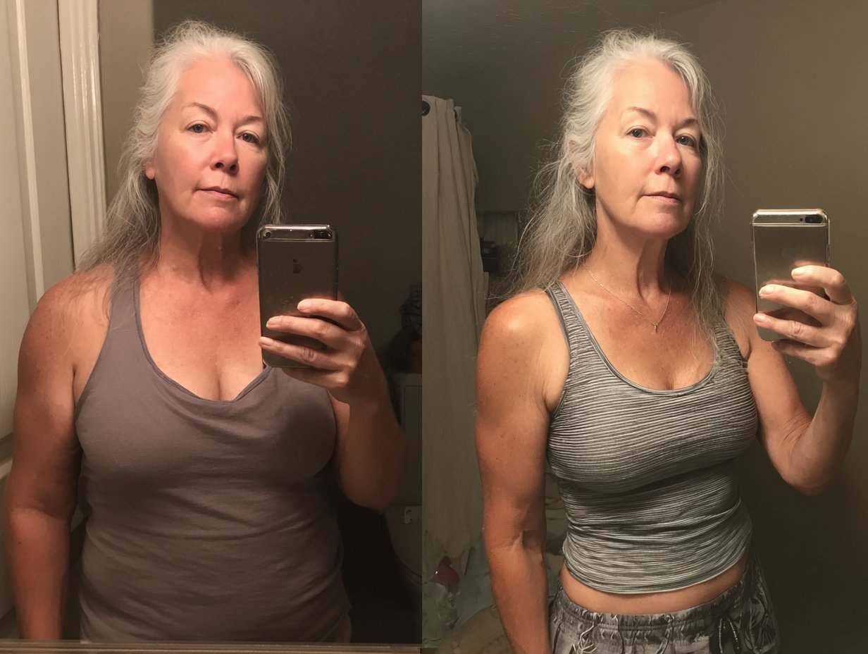 Jennifer's before and after transformation photos showing her 40 pound weight loss over 3 months